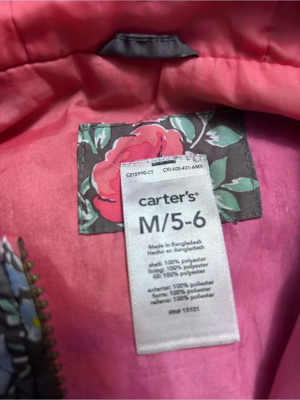 Carters’s Girls' Floral Hooded Quilted Jacket - Brown with Pink Flowers. Size M